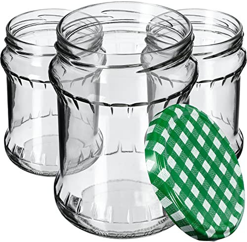 KADAX Preserving Jars 500ml, Storage Jars with Screw Lids, Preserving Jars, Jam Jars, Storage Jars, Round Jars (Green Checked/Pack of 8)