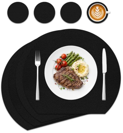 Tischsets abwaschbar aus Kunstleder, 4er Set Platzsets | Elegante Tischdeko & Platz-Matten für Küche & Speisetisch, rutschfest & hitzebeständig, inklusive Untersetzer