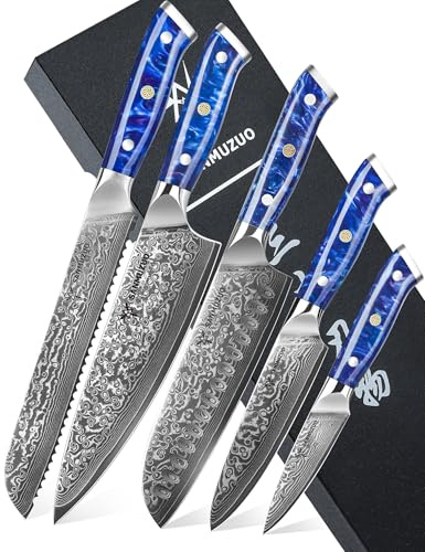 SANMUZUO Ensemble de couteaux de chef - Set de couteaux de cuisine de 5 pièces - Acier de Damas VG10 ultra-tranchant et manche en résine - Série Xuan(Bleu Saphir)