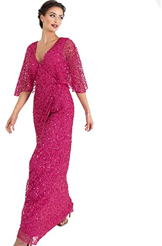 Maya Deluxe Damen Womens Maxi Dress Ladies Sequin Embellished Wrap A-Line Dress for Wedding Guest Bridesmaid Evening Prom Ball Occasion Kleid, Fuchsia,