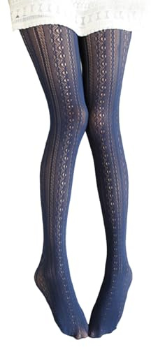 Ailan Knitted Cotton Tights Exquisite Beautiful Lace Tights Skin Friendly Breathable Hollow-Out Striped Stockings Pantyhose,Dark Blue