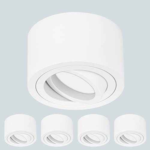 TEVEA Premium Aufbauspot Deckenleuchte Flach | Led Modul 230V 5W austauschbar | Deckenspot auch fürs Bad | 5er Pack (Weiß - Warmweiß)