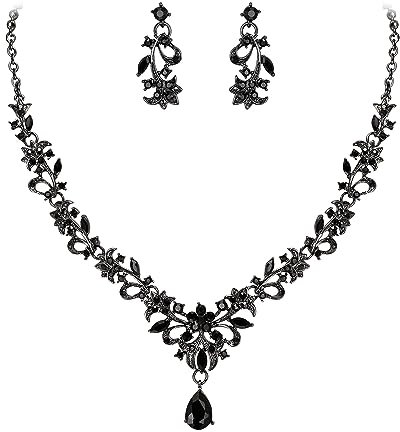 EVER FAITH Schmuck-Sets für Braut, Österreichische Kristall Marquise Orchidee Blumen Blatt Tropfen Anhänger Halskette baumeln Ohrringe Set für Damen Schwarz Schwarz-Ton
