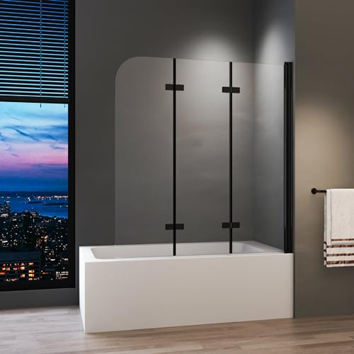 Duschwand für Badewanne 140 x 140 cm Schwarz 3-teilig Faltbar Duschtrennwand Duschabtrennung mit 6mm Nano Glas