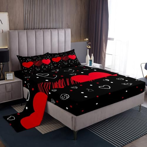 Homewish Set lenzuola San Valentino matrimoniale, cuori rossi Kawaii Love Heart Pattern, disegnato a mano nero rosso camera Decor