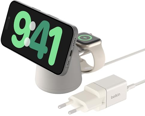 Belkin BoostCharge Pro kabellose 2-in-1-Ladestation mit MagSafe (15 W) Ladegerät, kompatibel mit iPhone der Serien 17, Air, 16, 15, 14, Pixelsnap, AirPods und Anderen MagSafe-fähigen Geräten