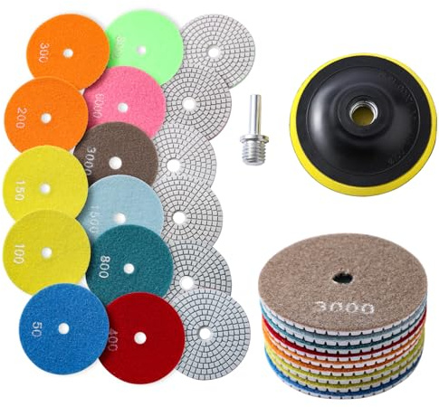 XKDOUS 13pcs Diamond Polishing Pads Set,50-8000 Grit Pads,Wet/Dry Granite Polish Kit with Backer Pad for Drill Grinder Rock Polisher Granite Marble Stone Concrete Tile Tools