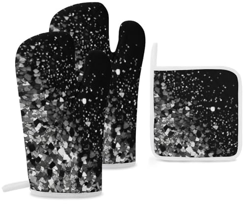 Ofenhandschuhe und Topflappen, hitzebeständig, Ofenhandschuhe und Topflappen, 287 °C, Schwarz / Weiß, Glitzer, Grillhandschuhe, Kochhandschuhe für Küche, Backen, Grillen, 3-teilig