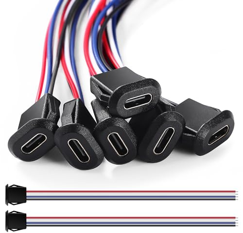 KUOQIY 6 ST 4-tråds USB-C Kontakt, 4-tråds Inbyggt Type-C-uttag, 4-tråds USB-uttag Löd, med 150mm 24 AWG-ledningar, Svart