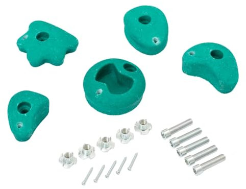 TRIBECCO Klettersteine für Kletterwand 5 Stück Klettergriffe inkl. Befestigungsset Verschiedene Formen Größe 8 x 11,5 cm aus Polyresin zum Outdoor- und Indoor-Klettern (Grün)