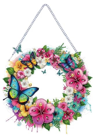 CXINLky DIY Diamond Painting Couronne de porte Pendentif avec chaîne, Peinture diamant Images de fenêtre, Papillon 5D Diamond Painting Kits pour fenêtre mur entrée jardin Decor-04 Fleur