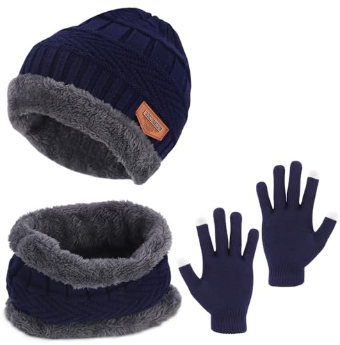 FAOKZE Bufanda Gorro Guantes Beanie Unisexo Set,de Bufanda Conjunto de Guantes Punto Sombreros,Gorro de Punto con Forro Polar Cálido Calentador de Cuello Térmico,para niño 5-10 Años