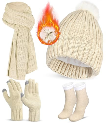4PCS Winter Beanie Hat Scarf Gloves Set, Beige Warm Beanie Hat Long Scarf Touch Screen Gloves Thermal Socks, Winter Thick Set for Women Camping Fishing Skiing Outdoor Sports