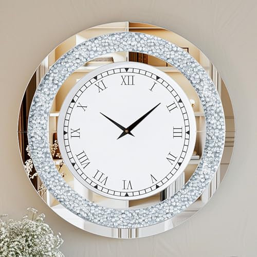 Artloge Wanduhr Modern Groß 80cm: Deko Kristall Uhren, Wohnzimmer Wanduhren Tickenfreies Design Römische Ziffern Uhren für Wohnzimmer, Schlafzimmer, Küchen Dekoration Silber