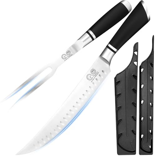 XYJ Authentic Since1986,Professional Carving Knife Set, 9.5 Inch Slicing Carving Knife and Meat Fork, Stainless Steel Kitchen Knife for Steak, Turkey, Ham, BBQ