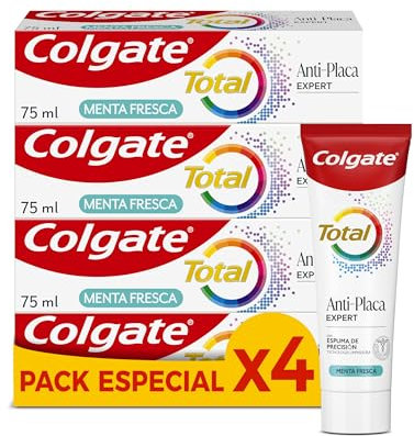 COLGATE - Total Anti-Placa Expert Menta Fresca Pack 4 x 75ml, Pasta de Dientes que Elimina la Placa que Daña tus Encías y Neutraliza su Efecto Perjudicial