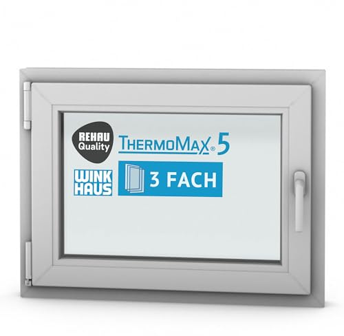 ThermoMax 5 Classic Kunststoff-Fenster, Uw-Wert 1,2, BxH: 80x60cm / 800x600mm, DIN links (Griff rechts), mit 3-fach Wärme-Isolier-Verglasung, Winkhaus Sicherheitssystem & Rehau Profil