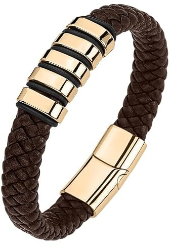 DUKOU Herrarmband läder, läderarmband för män brunt, handgjort flätat armband, läderarmband med rostfritt stål lås klassiskt manschettarmband present till män pojkar honom accessoarer, 21CM, Läder