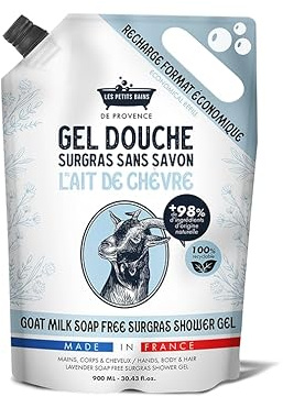 Les Petits Bains de Provence Recharge Gel Douche Lait de Chèvre 900ml - Gel Douche Surgras sans Savon, +98% Ingrédients Naturels, pour Mains, Corps et Cheveux, Recyclable