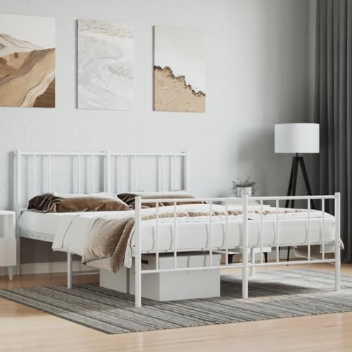 Myheimly Bettgestell, Bettrahmen mit Kopfteil Fußteil, Metallbett Bett mit Lattenrost, Doppelbett Gästebett Schlafzimmer, Metall Weiß,mit Kopfteil & Fußteil,120 x 200 cm