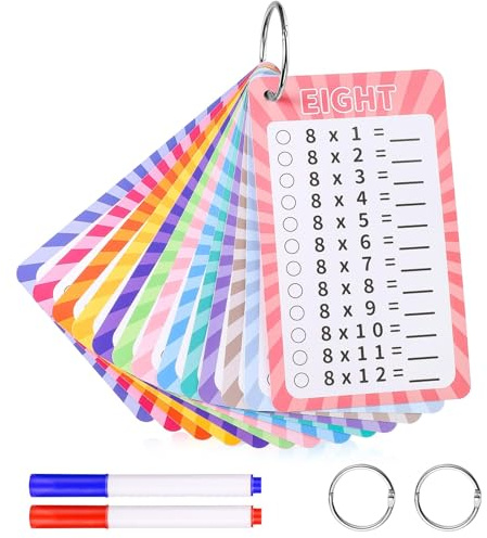 13 PCS Multiplication Flash Cards Times Tables 0-12 with Dry Erase Markers | Reusable wipe-clean cards, 13-piece set, portable with keyrings, for home or classroom maths practice