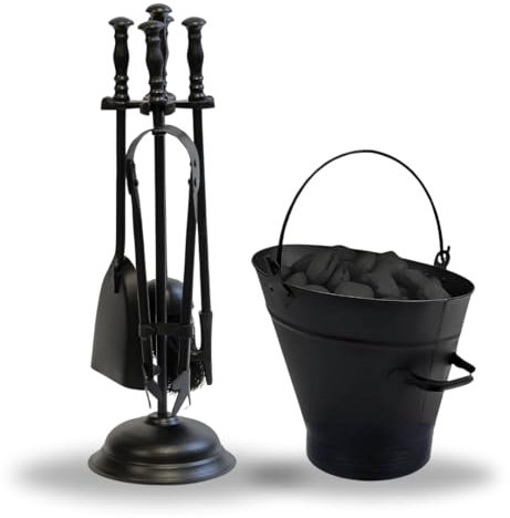 Trendi 5 Piece Fireside Companion Set for Log Burner | Traditional Black Heavy Duty Fire Poker Set for Wood Burners | Coal Tongs Brush Shovel Stand Ash Bucket (Companion Set & Small Waterloo Bucket)