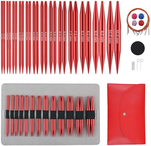 Guclud Austauschbares Rundstricknadel-Set, 10,2 cm, US 2,5–15 (3,0–10,0 mm), 13 Paar Metall-Rundstricknadeln, 4 Kabel (40,6 cm, 61 cm, 81,3 cm und 101,6 cm), Zubehör und Etui (Rosarot)