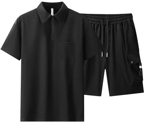 Bauzuoyo Tuta estiva da uomo, 2 pezzi, per sport, a maniche corte, con tasche, per il tempo libero, da lavoro, con chiusura lampo, set da due pezzi, Nero , 5XL