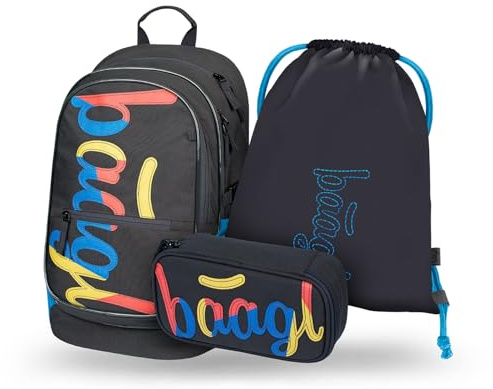 Baagl Skolryggsäck set 3 delar, skolväska för grundskola folkskola, grundskola skolväska med bröstbälte, ergonomisk skolväska, Logo mix, Skolväskeset