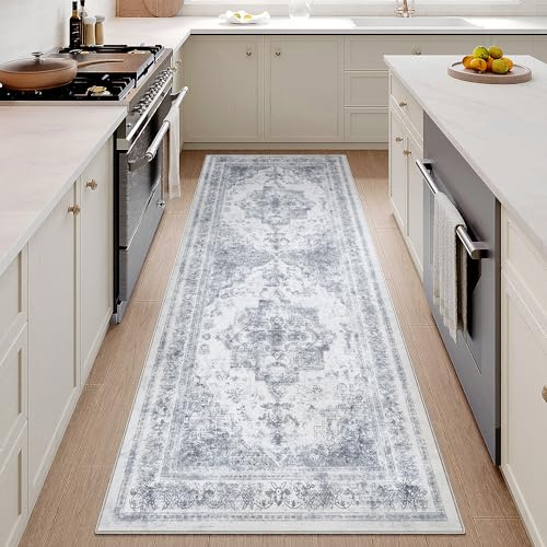 HUGEAR Blau Vintage Teppich Läufer Flur 60x240cm Waschbar | Waschbarer Teppich, Rutschfest Weich, Kurzflor Retro, für Vorzimmer, Schlafzimmer Küche, Brücken Hallway, Carpet