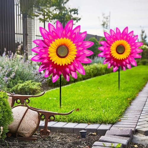 Lot de 2 moulins à vent tournesols rotatifs à 360 ° - 75 cm - Décoration pour cour, pelouse et terrasse (D)