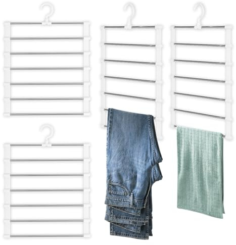 4 grucce per pantaloni salvaspazio, colore bianco, salvaspazio, con imbottitura antiscivolo, grucce multiple, barre per pantaloni orientabili, per 6 jeans, pantaloni, sciarpe e cravatte (bianco)