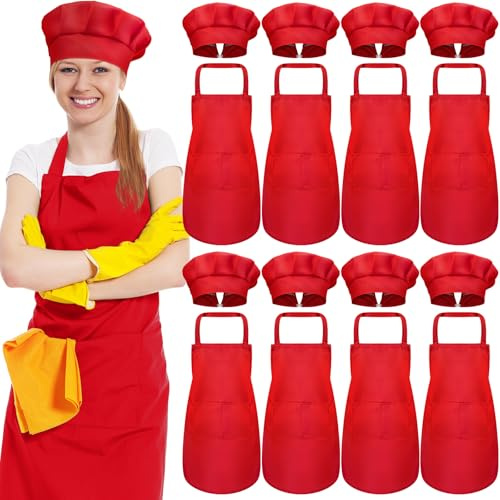 SATINIOR 8 Sets Apron Chef Hat Set Adjustable Chef Hat and Apron with Pockets Set for Adult Women Men CookR(Red)