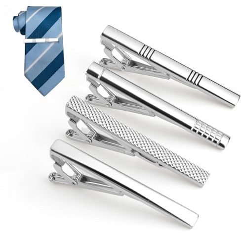 4Pcs Tie Clips for Men, Silver Classic Tie Bar Clip Set Regular Fashionable Ties Bar Clips Metal Ties Pins Elegant Bars Pinch Clip for Father's Day Business Wedding Graduation Daily Use
