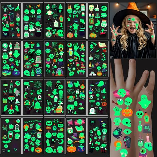 Halloween Tattoos,10/20 Blätter Leucht tattoo Kinder Gruselig,Spinnennetz temporäre Tattoo Aufkleber,Kürbis Hexe Fledermaus,Feiertage Cosplay Gesicht Make-up Zubehör Halloween Party Geschenke (20PCS)