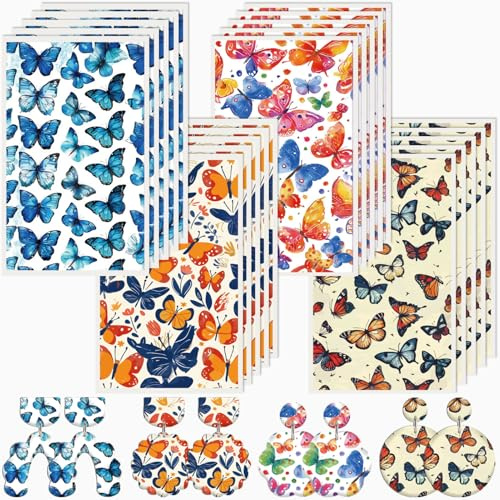 craspire 20 Stück 4 Stile Unterglasur Transferpapier Ton Transfer Designs 4,7 x 2,8 Zoll Schmetterlingsmuster Wasser Polymer Ton Abziehbilder Für Die Schmuckherstellung Ohrringe Anhänger DIY