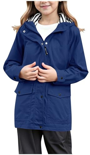 Hanraz Veste de pluie pour fille avec capuche - Veste softshell fine - Veste de transition - Poncho de pluie imperméable - Respirant - Veste coupe-vent légère, Marine, 160