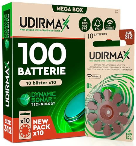 100 Pilas para Audífonos PR41 Tamaño 312 Marrones - Pilas Zinc-Aire Udirmax 1,45V con Tecnología Dynamic Sonar - Formato Eco Pack - 10 Blísteres Ecológicos de 10
