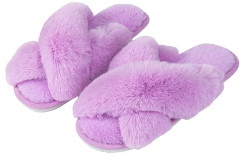 AyFUN Women's Soft Cross Band Slippers Plush Furry Slides Faux Fur Open Toe Comfy Slip On House Slippers,Purple US9-10