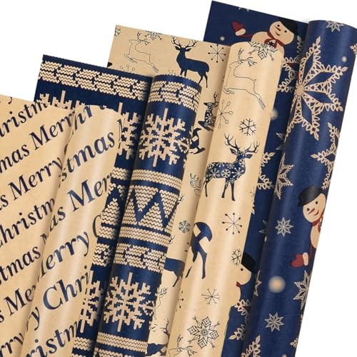 Geschenkpapier Weihnachten Rolle, 4 Rollen Marineblau Braun Weihnachtsgeschenkpapier zum Mann Frau Kinder, Schneeflocken Elch Schneemann Kraftpapier Geschenkpapier Rolle für Weihnachten, 43cm x 3m