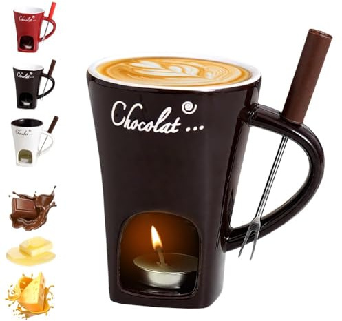 Schokoladenfondue Tasse mit Gabeln, Schokoladenschmelz becher, Keramik-Butterwärmer-Topf-Set, Käseschmelzbecher, Fondue mit Teelicht erhitzt, Wärmebecher für Süßigkeiten-Snack-Karamell-Party(B)