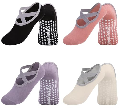 EUDUQ Stopparstrumpor för kvinnor 35–40, 4 par halkfria strumpor med noppor för yoga, pilates, Barre, studsmatta och sportstrumpor, BD, one size