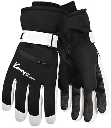 COMPRISA Guantes de Esquí Térmicos Impermeables para Invierno, Pantalla Táctil, Unisex, con Forro de Felpa, Ciclismo, Senderismo, Actividades al Aire Libre, Negro y Blanco