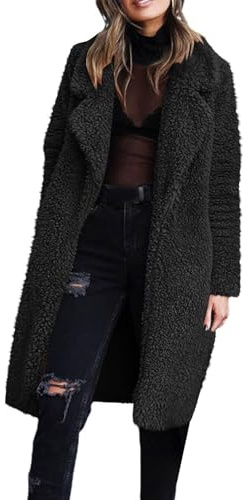 Splrit-MAN Womens Coats Teddy Fleece Warm Lapel Ladies Coats Fuzzy Casual Thermal Lightweight Longline Women’s Clothing Button Notched Collar Winter Autumn Long Sleeve Solid Outwear(Black, XL)