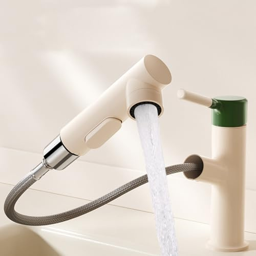 BiaoTeng Grifo Lavabo con Ducha Extraíble 3 Funciones agua Fría y Caliente Laton Grifo Monomando Lavabo Extraible Blanco Leche + Verde