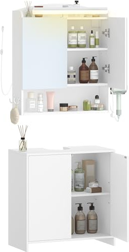Hzuaneri Badmöbel-Set Weiß, Spiegelschrank mit LED-Beleuchtung, Waschbeckenunterschrank 60 cm breiter, für Badezimmer, Toilette, Waschküche, BC10003XEU