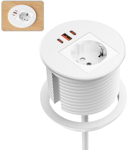 Alpheus Multiprise Encastrable Plan de Travail USB-C PD 35W, Blanc | Multiprise encastrable USB, 2 USB-C PD 35W, 1 USB-A QC 30W, prise secteur 16A/3680W, pour plan de travail et cuisine, Ø80 mm