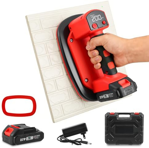 Elevador de ventosa a batería con capacidad de elevación de 200 kg, pantalla LCD y batería de 2000 mAh. La ventosa es apta para azulejos, vidrio, mármol, ventanas y espejos. Cargador incluido.