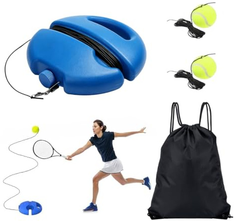 Quorumsg Tennis Trainer Set, Tennistränare med 2 elastiska bollar med rep, tränare-tennisset med 1 svart förvaringsväska för ryggsäck, för utomhuslek och träning i trädgården