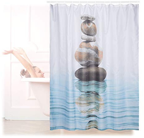 Relaxdays Cortina Baño Lavable con Estampado de Piedras sobre Agua, Poliéster, Azul, 180 x 180 cm